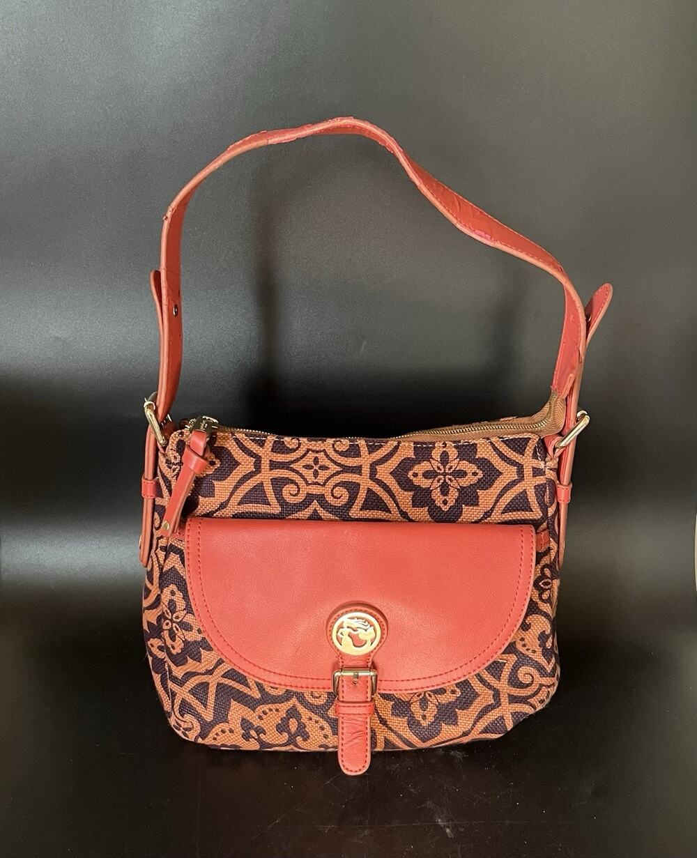 Spartina Coral Leather Canvas Shoulder Bag Crossbody Purse Gold Brown